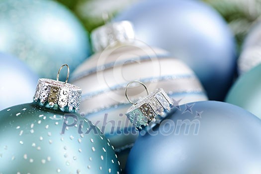 Many Christmas decorations in snow with pine branches Many Christmas decorations in snow with pine branches