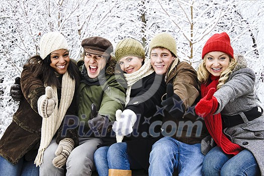 Group of diverse young friends showing thumbs up outdoors in winter Group of diverse young friends showing thumbs up outdoors in winter