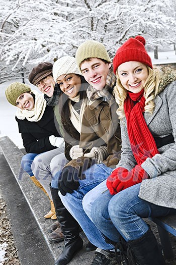 Group of diverse young friends outdoors in winter Group of diverse young friends outdoors in winter