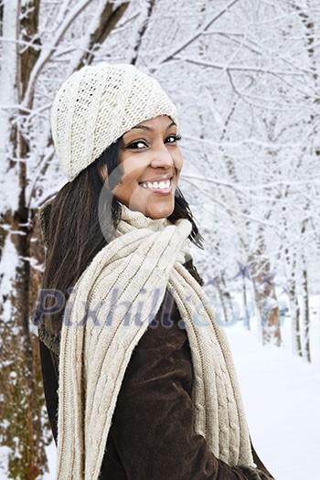 Portrait of happy woman outdoors in winter Portrait of happy woman outdoors in winter