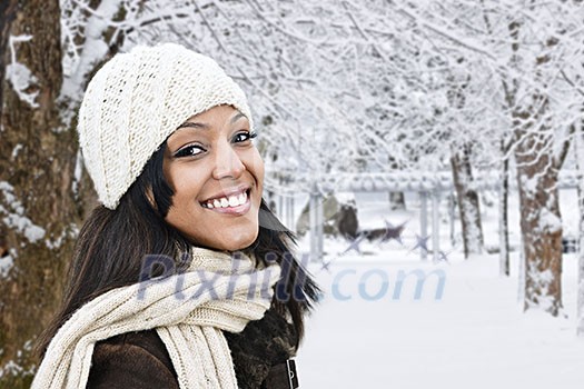 Portrait of happy woman outdoors in winter Portrait of happy woman outdoors in winter