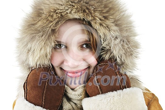 Beautiful young woman in fur hood of winter coat Beautiful young woman in fur hood of winter coat
