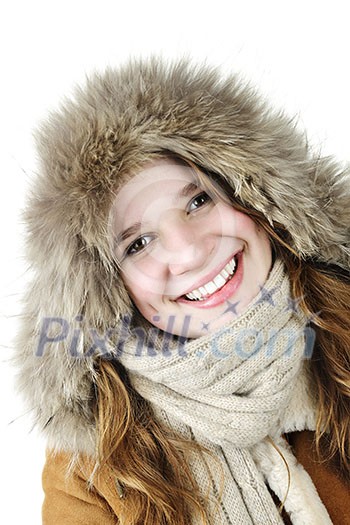 Beautiful young woman in fur hood of winter coat on white background Beautiful young woman in fur hood of winter coat on white background