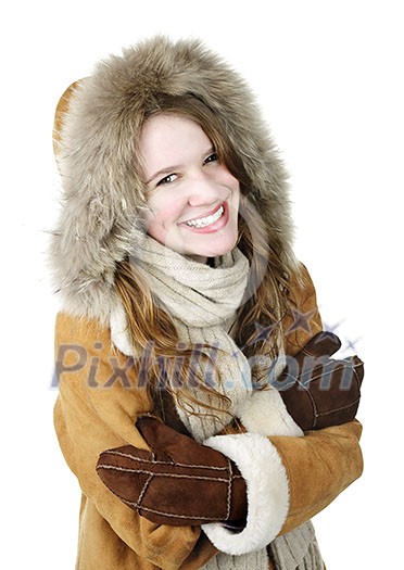 Cozy smiling young woman in winter coat on white background Cozy smiling young woman in winter coat on white background