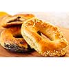 Fresh assorted Montreal style bagels close up