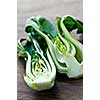Close up of halved green bok choy vegetable greens
