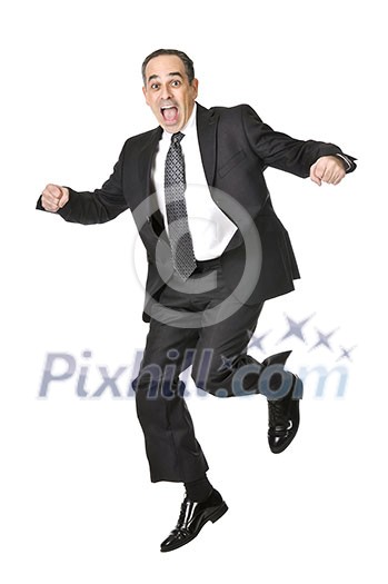 Jumping businessman in a suit isolated on white background Jumping businessman in a suit isolated on white background