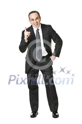 Happy businessman in a suit having an idea isolated on white background Happy businessman in a suit having an idea isolated on white background