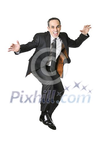 Jumping businessman in a suit isolated on white background Jumping businessman in a suit isolated on white background