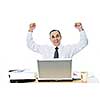 Happy businessman raising his arms sitting at his desk isolated on white background