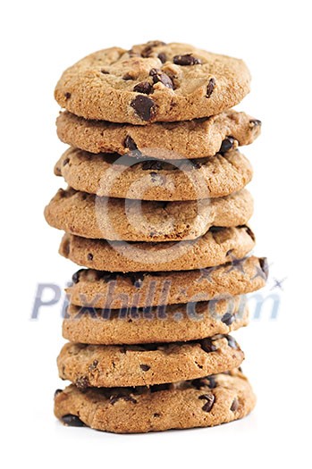 Tall stack of chocolate chip cookies isolated on white background Tall stack of chocolate chip cookies isolated on white background