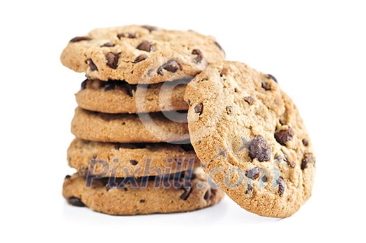 Tall stack of chocolate chip cookies isolated on white background Tall stack of chocolate chip cookies isolated on white background