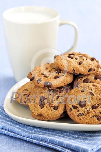 Plate of chocolate chip cookies with milk Plate of chocolate chip cookies with milk