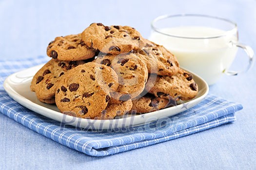 Plate of chocolate chip cookies with milk Plate of chocolate chip cookies with milk