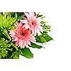 Close up of floral arrangement with pink gerberas