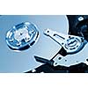 Closeup of hard disk drive internal components