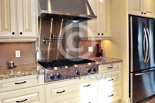 Interior of modern luxury kitchen with stainless steel appliances Interior of modern luxury kitchen with stainless steel appliances