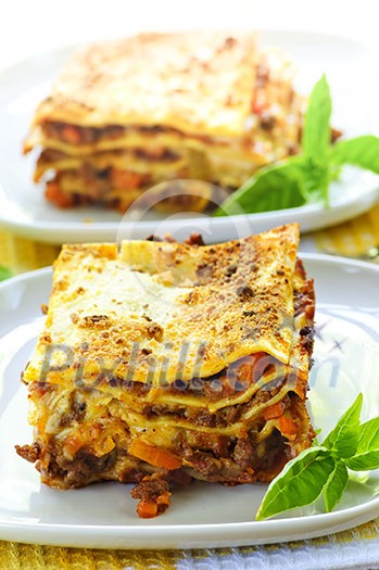 Two servings of fresh baked lasagna on plates Two servings of fresh baked lasagna on plates
