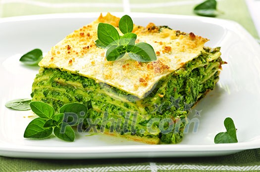 Serving of fresh baked vegeterian spinach lasagna on a plate Serving of fresh baked vegeterian spinach lasagna on a plate