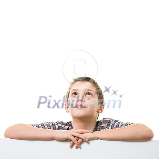 Cute little boy looking up towards blank/empty space (room for your graphics) Cute little boy looking up towards blank/empty space (room for your graphics)