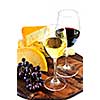 Wineglasses with red and white wine and assorted cheeses