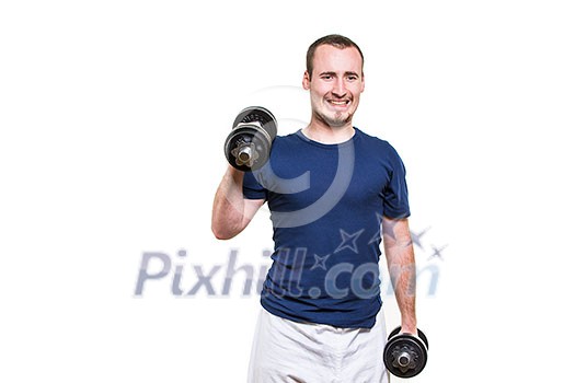 Close up of young man lifting weights over white background Close up of young man lifting weights over white background