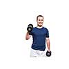 Close up of young man lifting weights over white background