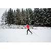 Cross-country skiing: young woman cross-country skiing on a  winter day (motion blurred image)