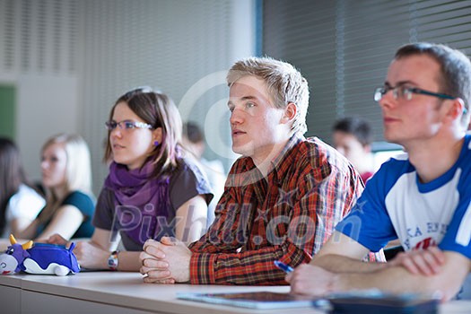 Handsome college student sitting in a classroom full of students during class  (color toned image; shallow DOF)