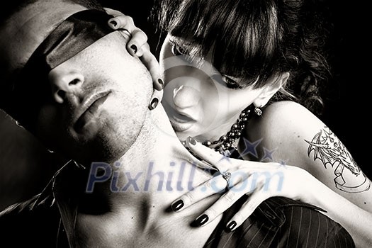 black and white photo of vampire woman bites a blind man black and white photo of vampire woman bites a blind man