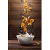 Falling corn flakes with milk splash on wooden background