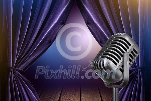 stage with open curtains and microphone stage with open curtains and microphone