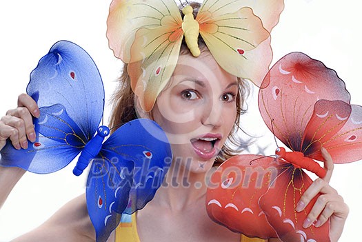 girl with color butterflies isolated on a white background girl with color butterflies isolated on a white background