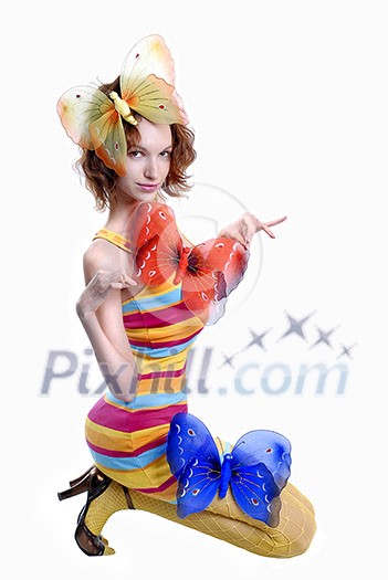 sitting girl with color butterflies isolated on a white sitting girl with color butterflies isolated on a white