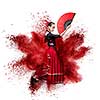 young woman dancing flamenco against explosion isolated on white