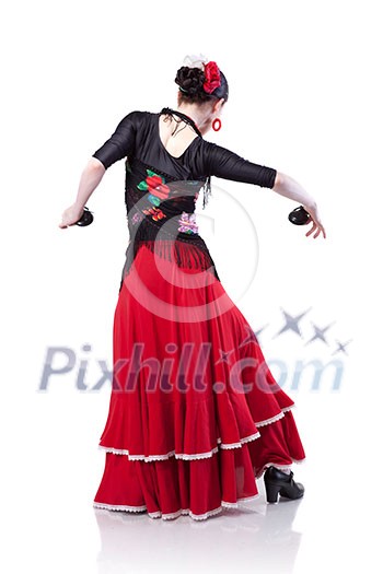 young woman dancing flamenco with castanets isolated on white young woman dancing flamenco with castanets isolated on white
