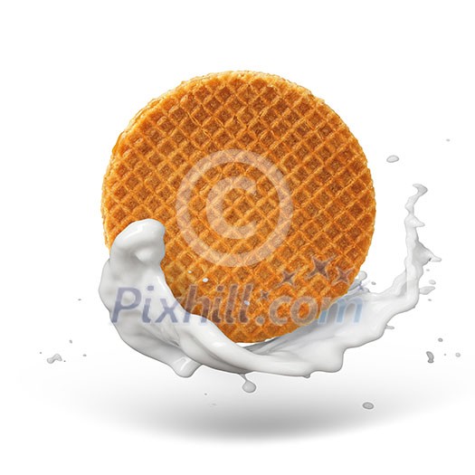 Waffle with caramel and milk splash isolated on white background with shadow Waffle with caramel and milk splash isolated on white background with shadow