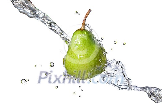 green pear with water splash isolated on white green pear with water splash isolated on white