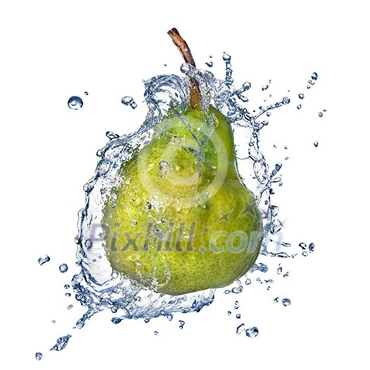 green pear with water splash isolated on white green pear with water splash isolated on white