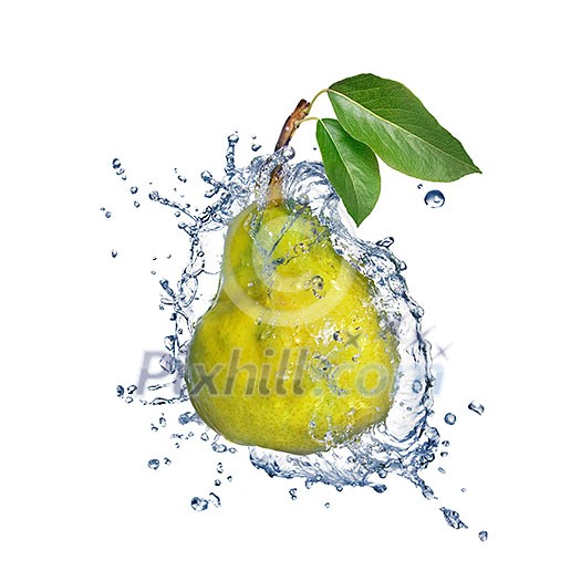 yellow pear with water splash isolated on white yellow pear with water splash isolated on white