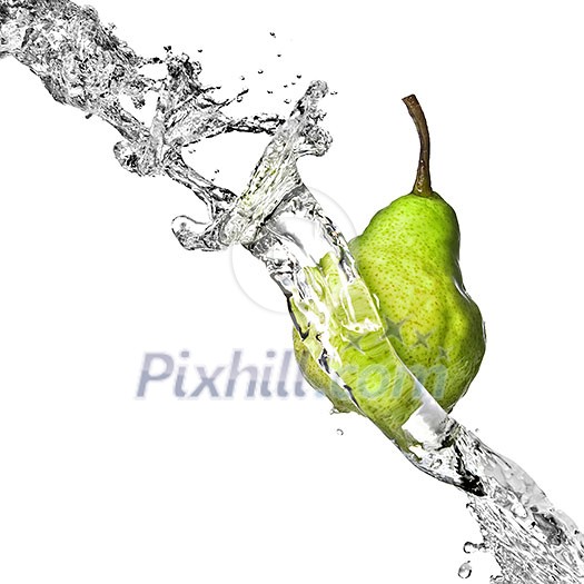 fresh water splash on green pear isolated on white fresh water splash on green pear isolated on white