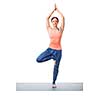 Beautiful sporty fit yogini woman practices yoga asana Vrikshasana - tree pose isolated on white
