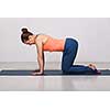 Beautiful sporty fit yogini woman practices yoga asana bitilasana - cow pose gentle warm up for spine (also called cat-cow pose) in studio