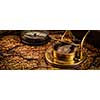 Travel geography navigation concept background - letterbox panorama of old vintage retro compass with sundial and spyglass on ancient world map with copyspace