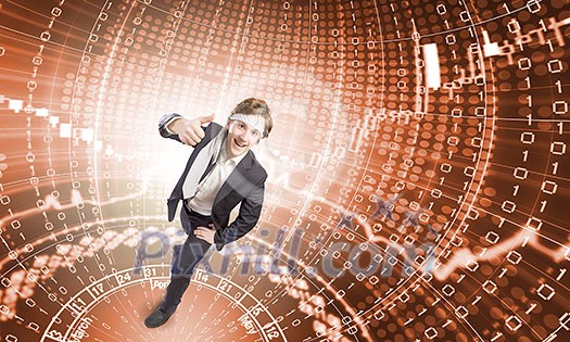 Young cheerful man with tie around head against binary background Young cheerful man with tie around head against binary background
