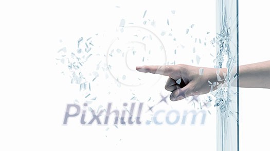 Close up of male hand breaking glass with finger Close up of male hand breaking glass with finger