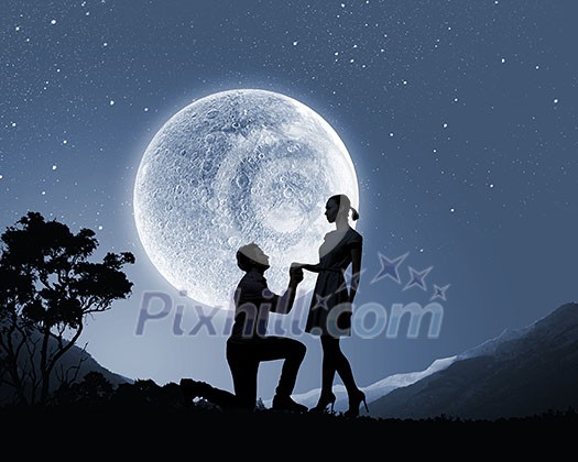 Silhouettes of man making proposal to woman Silhouettes of man making proposal to woman