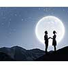 Silhouettes of couple against big moon at background