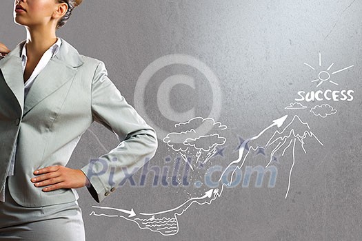 Close up of businesswoman and business sketches on cement wall