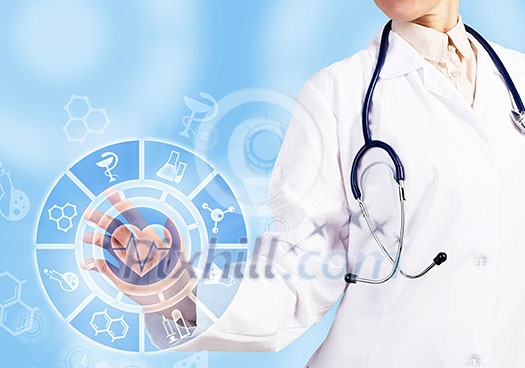 Close up of woman doctor touching icon of media screen Close up of woman doctor touching icon of media screen